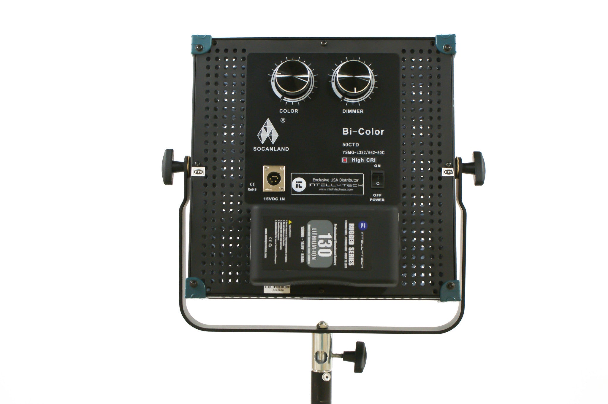 Intellytech Socanland 50CTD - Bi-Color, 1x1 LED Light Panel. Metal Frame w/ 130Wh Rugged Series Battery