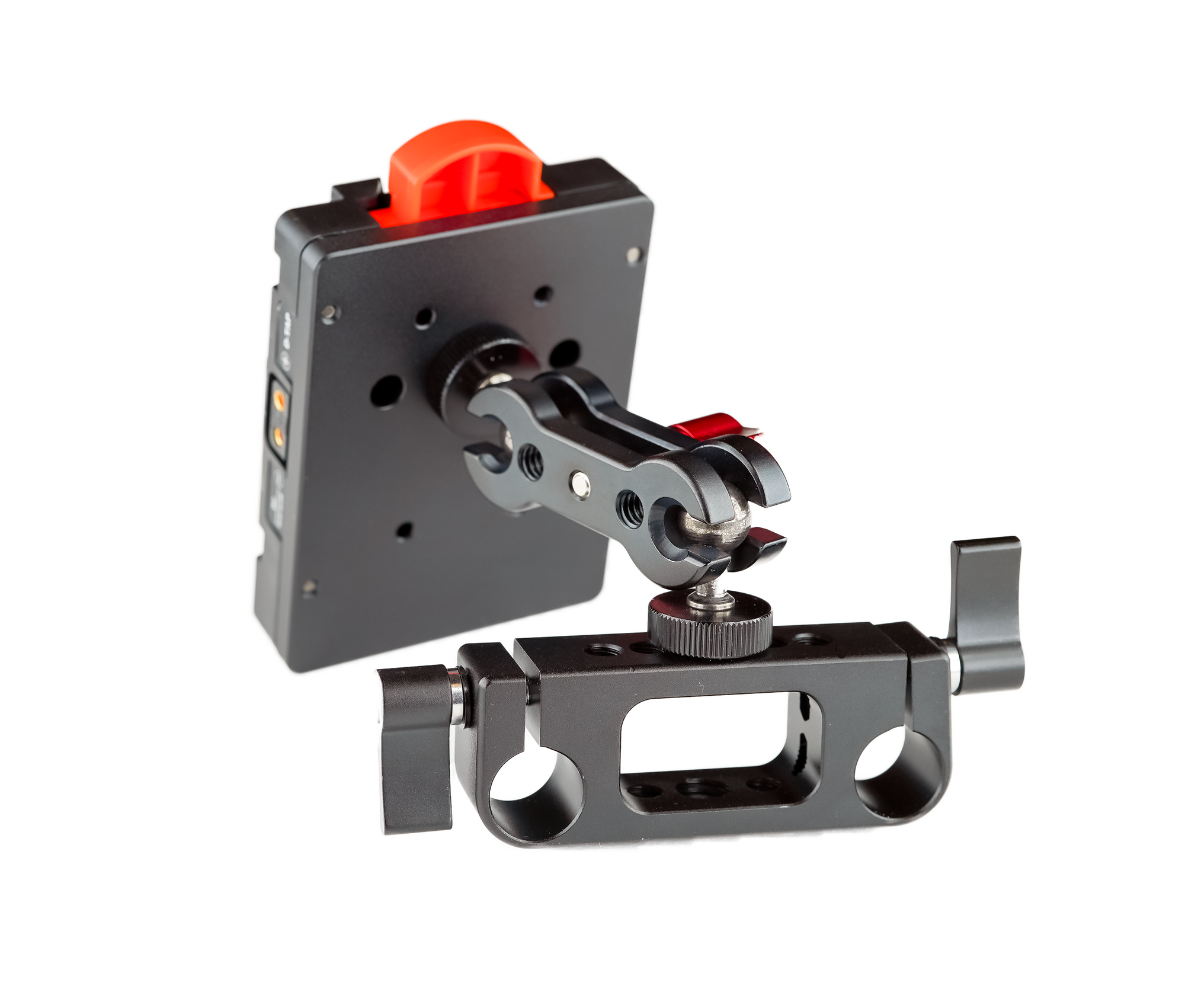 Pocket-V | V-Mount Battery Adapter Plate W/ Adjustable 15mm Rod Clamp - Dual D-Tap Ports